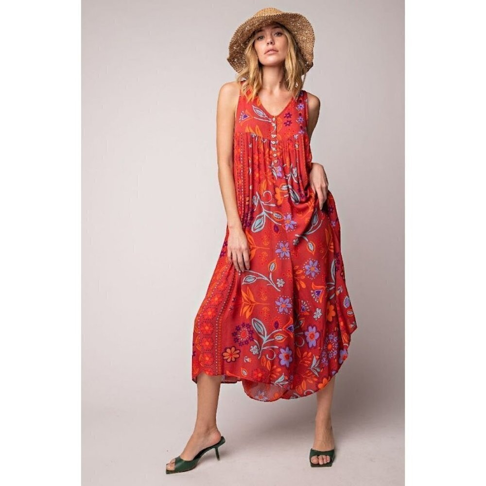 Florally Yours Floral Print Sleeveless Wide Leg Jumpsuit in Scarlett - Picture 2 of 5